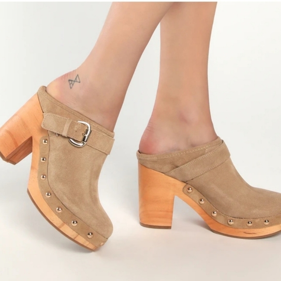 Steve Madden Shoes - Steve Madden Hilde Taupe Wooden Clog Round Toe Studded Mule Heel Tan Suede 9.5 M